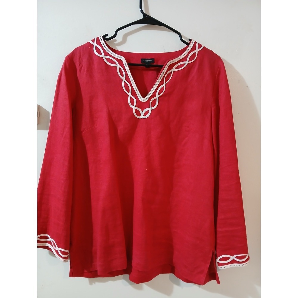 Talbots size S Red Linen V-Neck Trimmed Long Sleeve Tunic Top Women's